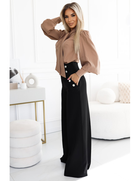  578-1 Unique business blouse with long sleeves, ties and buttons - caramel color 