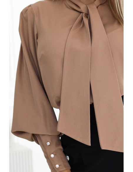  578-1 Unique business blouse with long sleeves, ties and buttons - caramel color 