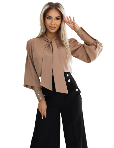  578-1 Unique business blouse with long sleeves, ties and buttons - caramel color 
