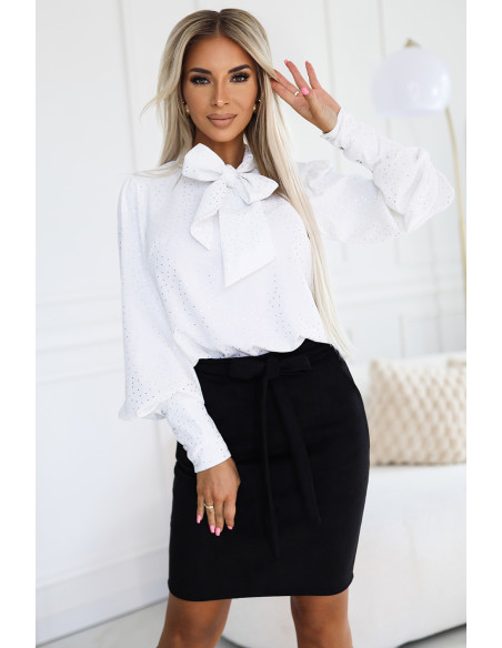  578-2 Unique long sleeve business blouse with ties and buttons - white with a silver pattern 