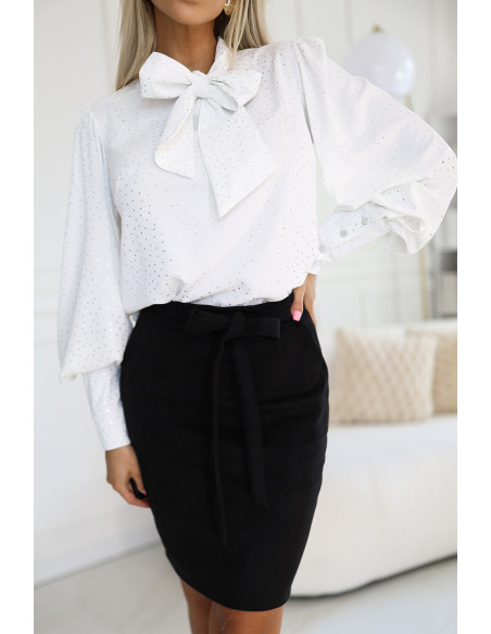  578-2 Unique long sleeve business blouse with ties and buttons - white with a silver pattern 