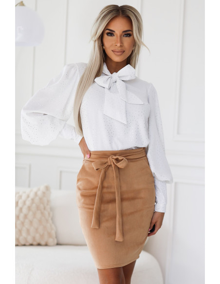  578-2 Unique long sleeve business blouse with ties and buttons - white with a silver pattern 