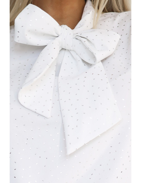  578-2 Unique long sleeve business blouse with ties and buttons - white with a silver pattern 