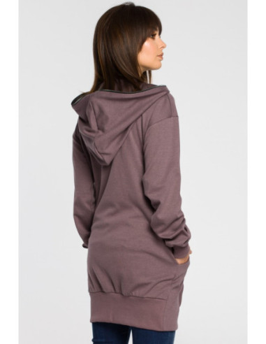 B054 Ilgas užsegamas džemperis su gobtuvu - rudas 2