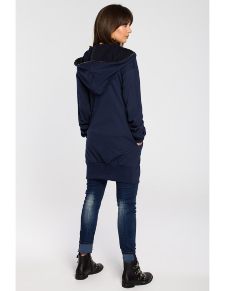 B054 Ilga striukė su užtrauktuku ir gobtuvu - tamsiai mėlyna