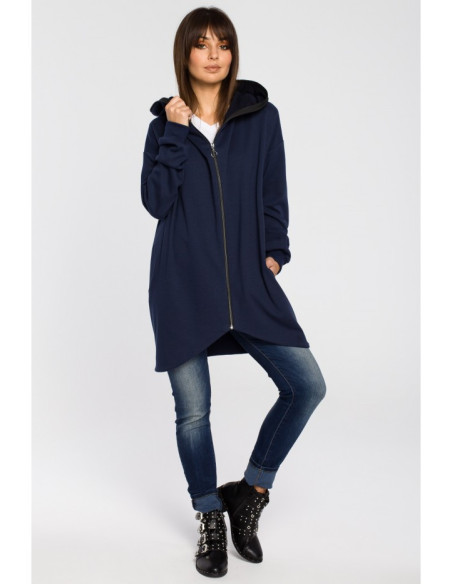 B054 Ilga striukė su užtrauktuku ir gobtuvu - tamsiai mėlyna