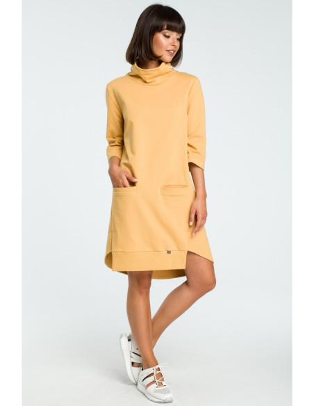 B089 Suknelė su golfu ir raišteliu - geltona