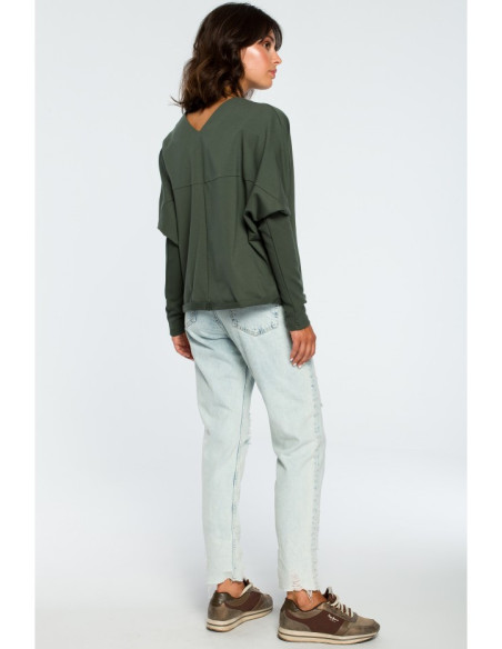 B094 Džemperis su iškirpte nugaroje - kariškai žalias