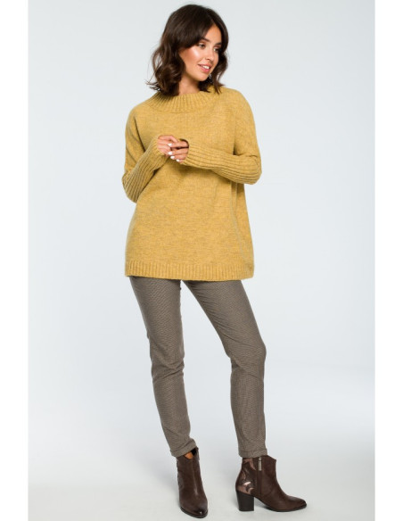 BK009 Storas megztinis su briaunuotomis rankovėmis - garstyčių spalvos