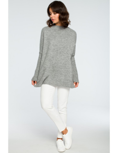 BK009 Storas megztinis su briaunotomis rankovėmis - pilkas