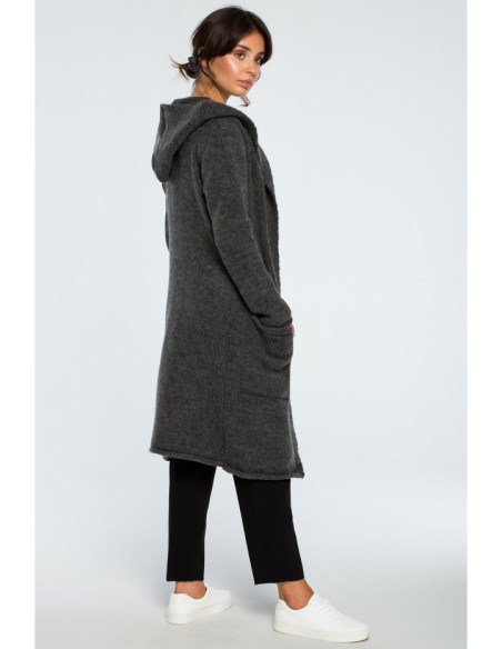 BK016 Ilgas megztinis su kišenėmis - grafito spalvos