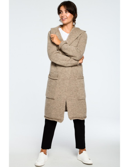BK016 Ilgas megztinis be sagų ir kišenių - šviesiai rudas