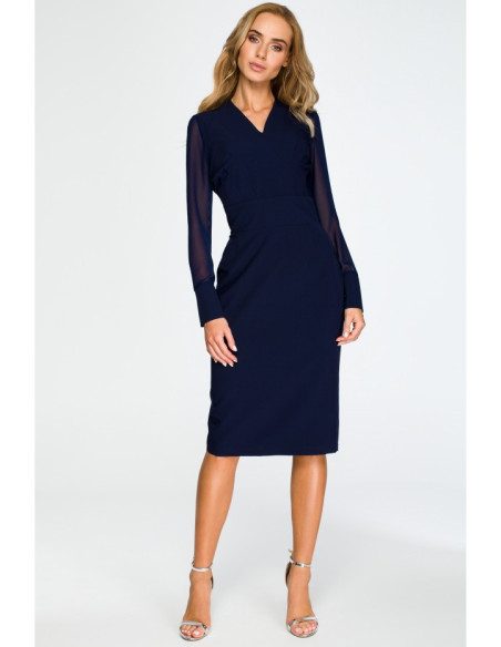 S136 Pieštuko formos suknelė su šifono rankovėmis - tamsiai mėlyna