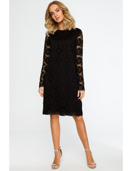 M406 Nėriniuota trapecijos formos suknelė - juoda