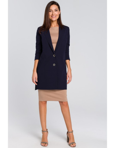 S142 Ilgas švarkas su šoninėmis iškirptėmis - tamsiai mėlynas