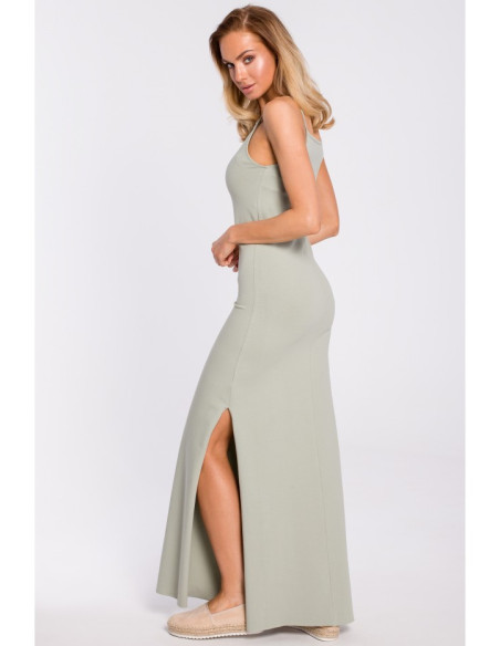 M432 Medvilninė maxi suknelė be petnešėlių - pistacijų spalvos