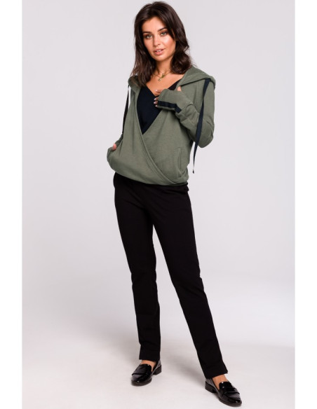 B127 Džemperis su gobtuvu ir perlenkta priekine dalimi - chaki spalvos