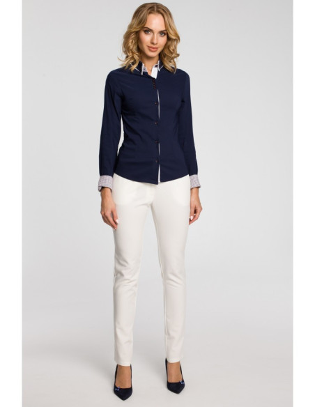 M067 Moteriški marškiniai su dviguba apykakle - tamsiai mėlyni