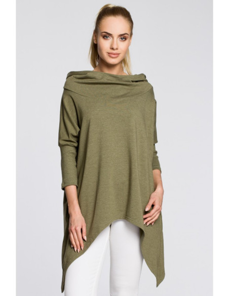 M207 Moteriškas asimetriškas apsiaustas su gobtuvu - chaki spalvos