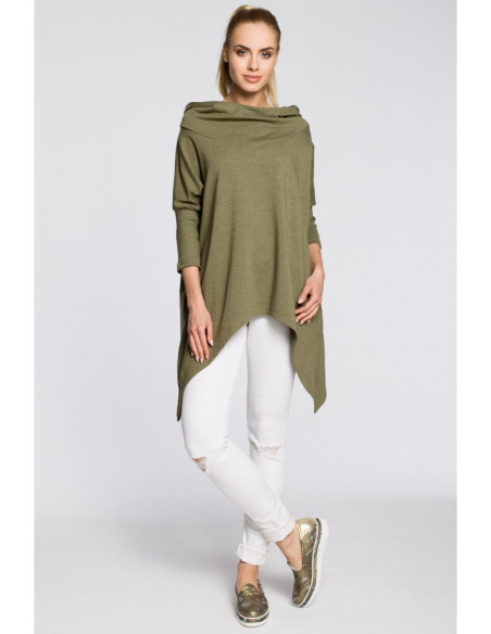 M207 Moteriškas asimetriškas apsiaustas su gobtuvu - chaki spalvos