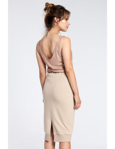 B031 Pieštuko formos midi sijonas su prakirpimu - smėlio... 2