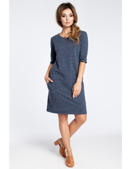 B033 Klasikinė suknelė su kišenėmis - tamsiai mėlyna