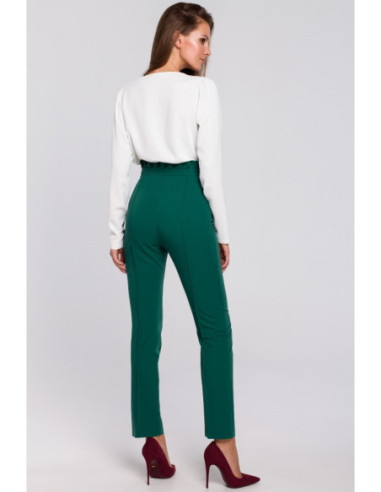 K008 Kelnės aukštu liemeniu su raukiniais - žalios 2
