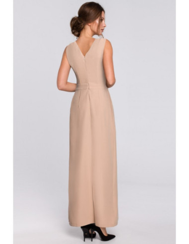 K012 Ilga vakarinė suknelė su nėriniuota apačia - smėlio... 2