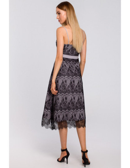 M483 Rankų darbo nėrinių suknelė be petnešėlių - pilka