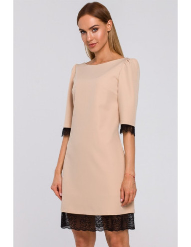 M489 Suknelė su iškirpte nugaroje ir nėriniais - smėlio... 2