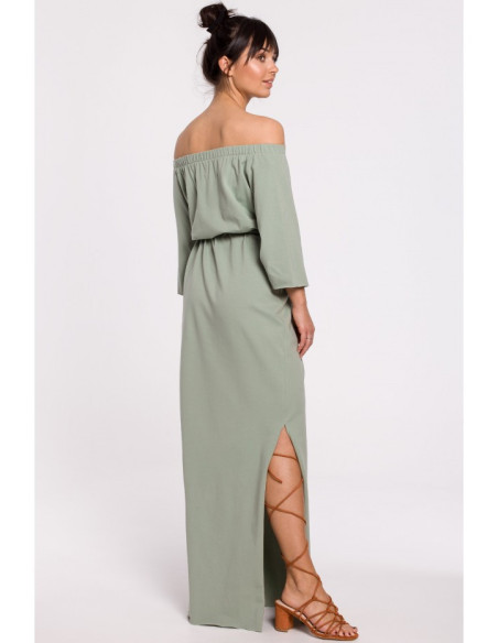 B146 Maxi suknelė su iškirpte - pistacijų spalvos