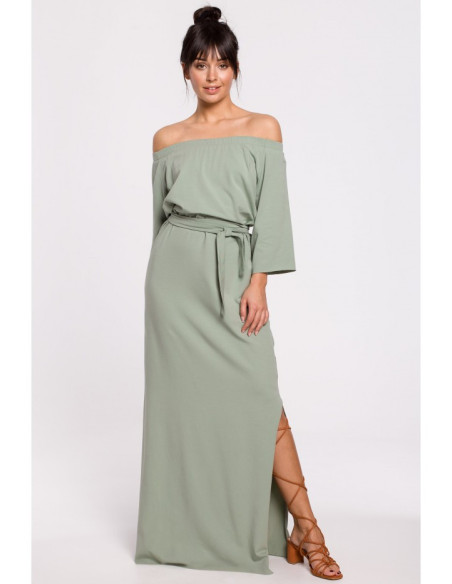 B146 Maxi suknelė su iškirpte - pistacijų spalvos