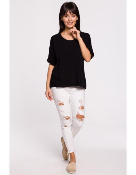 B147 Oversize marškinėliai su apvalia iškirpte - juodi