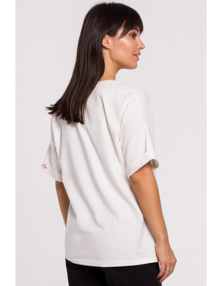 B147 Oversize marškinėliai su apvalia iškirpte - ecru spalvos