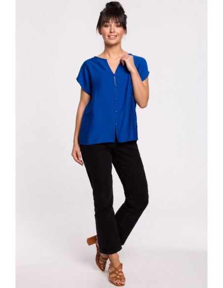 B150 Palaidinė trumpomis rankovėmis su sagomis - rugiagėlių mėlyna