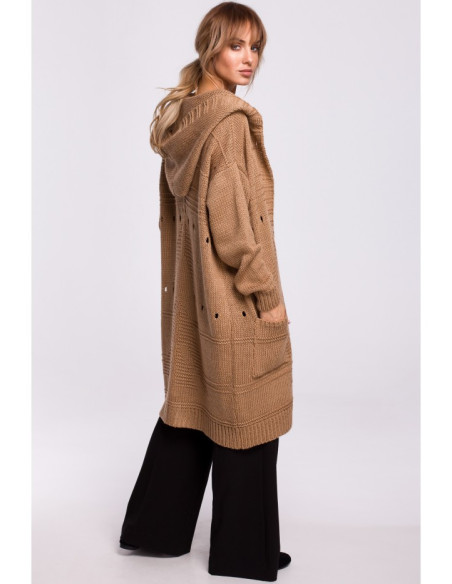 M513 Ažūrinis megztinis su gobtuvu - smėlio spalvos