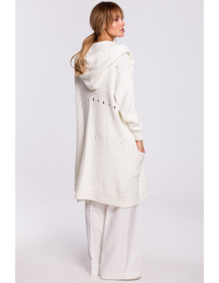M513 Ažūrinis megztinis su gobtuvu - ecru spalvos
