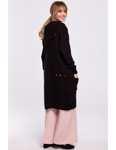 M513 Ažūrinis megztinis su gobtuvu - juodas