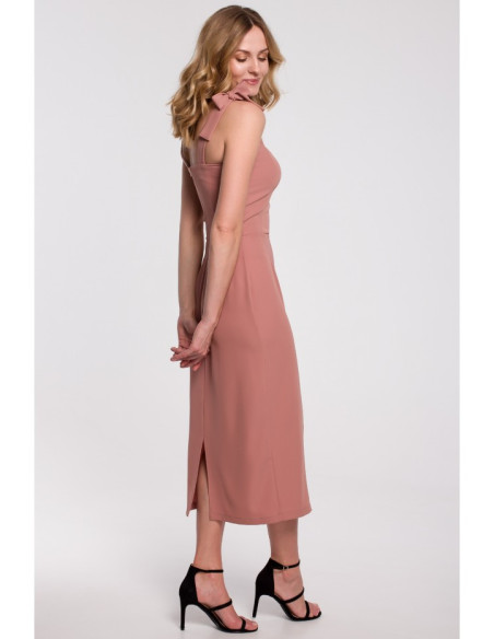 K046 Midi suknelė su surišamomis petnešėlėmis - rožinė