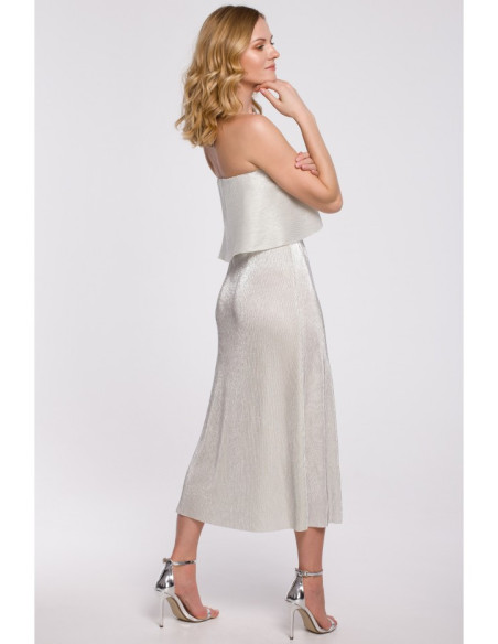 K059 Metalinė midi suknelė su raukiniais - sidabrinė