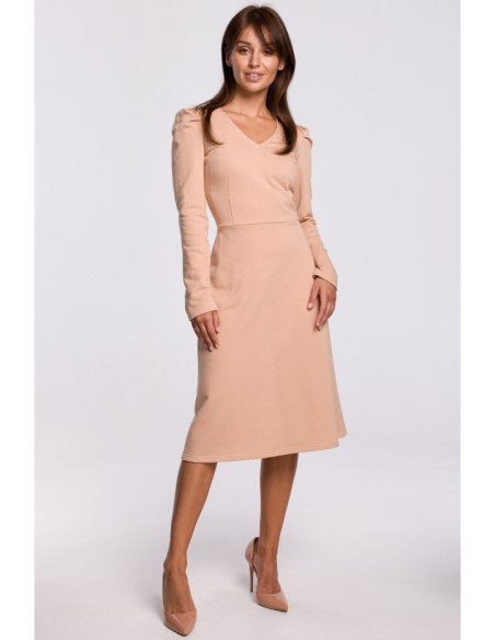 B162 Trapecijos formos suknelė su bufetais - smėlio spalvos
