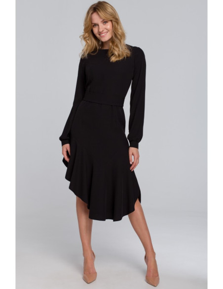 K077 Asimetriška suknelė su raukiniais - juoda