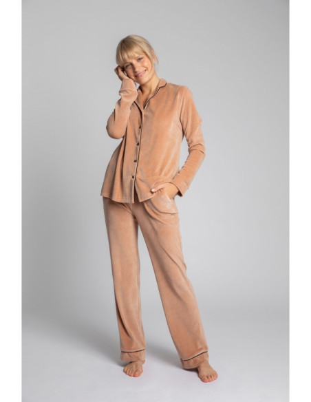 LA007 Veliūriniai pižamos marškiniai su apykakle - smėlio spalvos