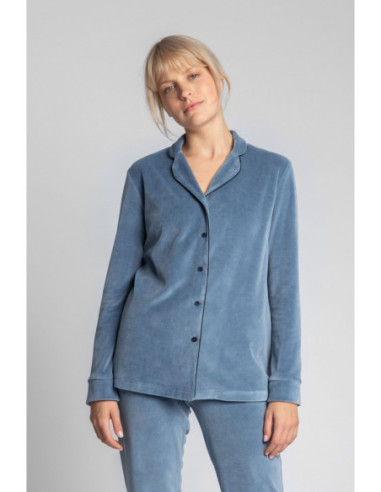 LA007 Velūro pižamos marškiniai su apykakle - mėlyni 2