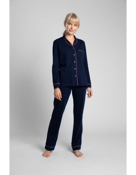 LA019 Medvilniniai pižamos marškiniai su apykakle - tamsiai mėlyni