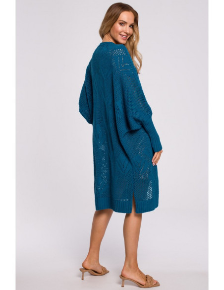 M599 Ilgas ažūrinis megztinis - Jūrinė spalva