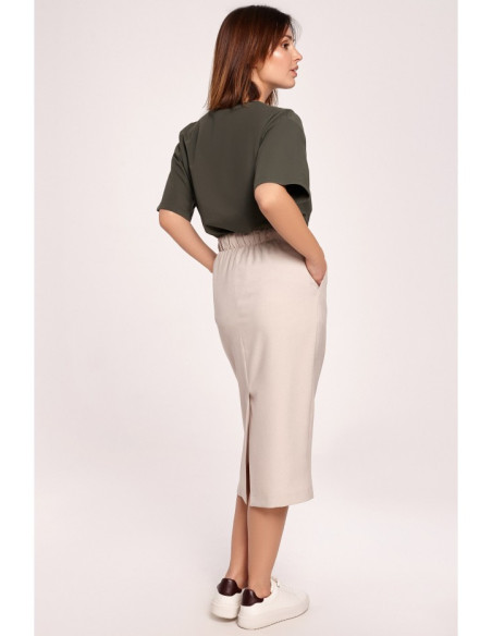 B190 Midi sijonas su diržu - Smėlio spalvos