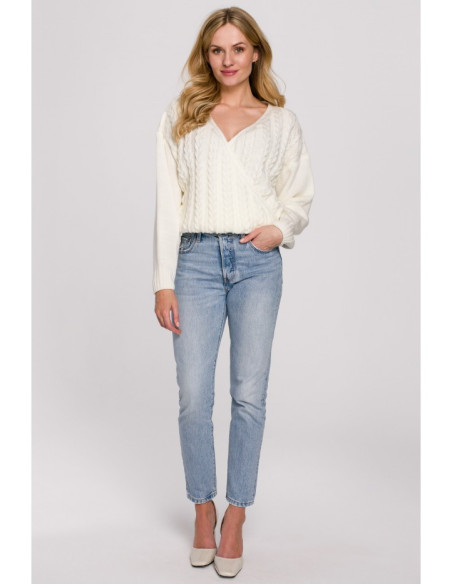 K105 Trumpas džemperis "Overlap" - ekru spalvos