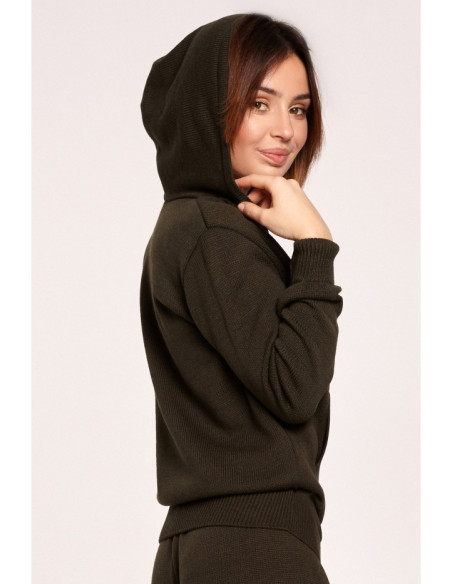 BK064 Megztinis su gobtuvu ir kengūros kišene - chaki spalvos