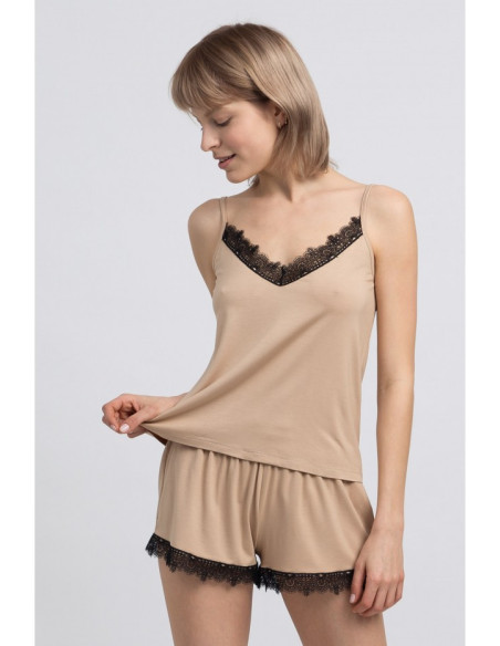 LA048 Viskozinis marškinėlis be petnešėlių su nėriniais - cappuccino